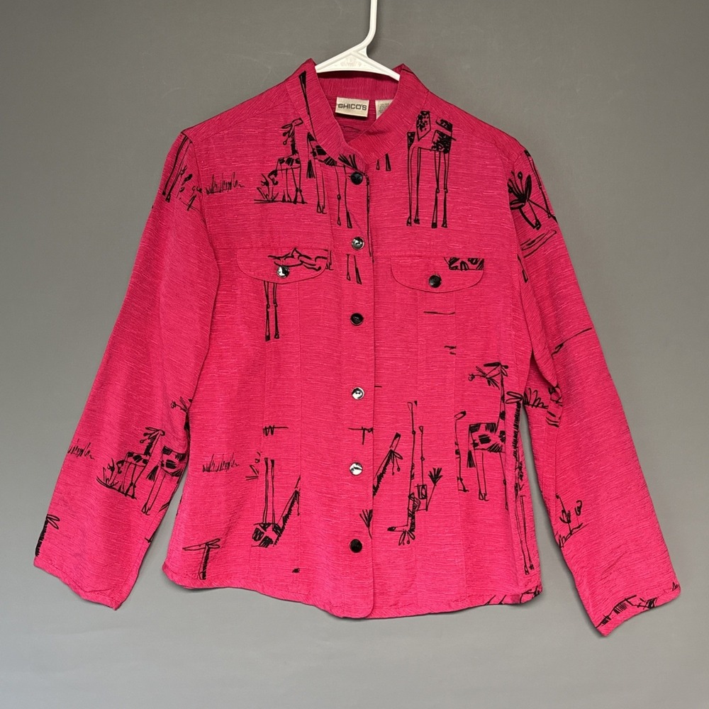 Chico's Fuscia Silk Line Shirt Jacket Giraffes - Size 1 (S-M).
